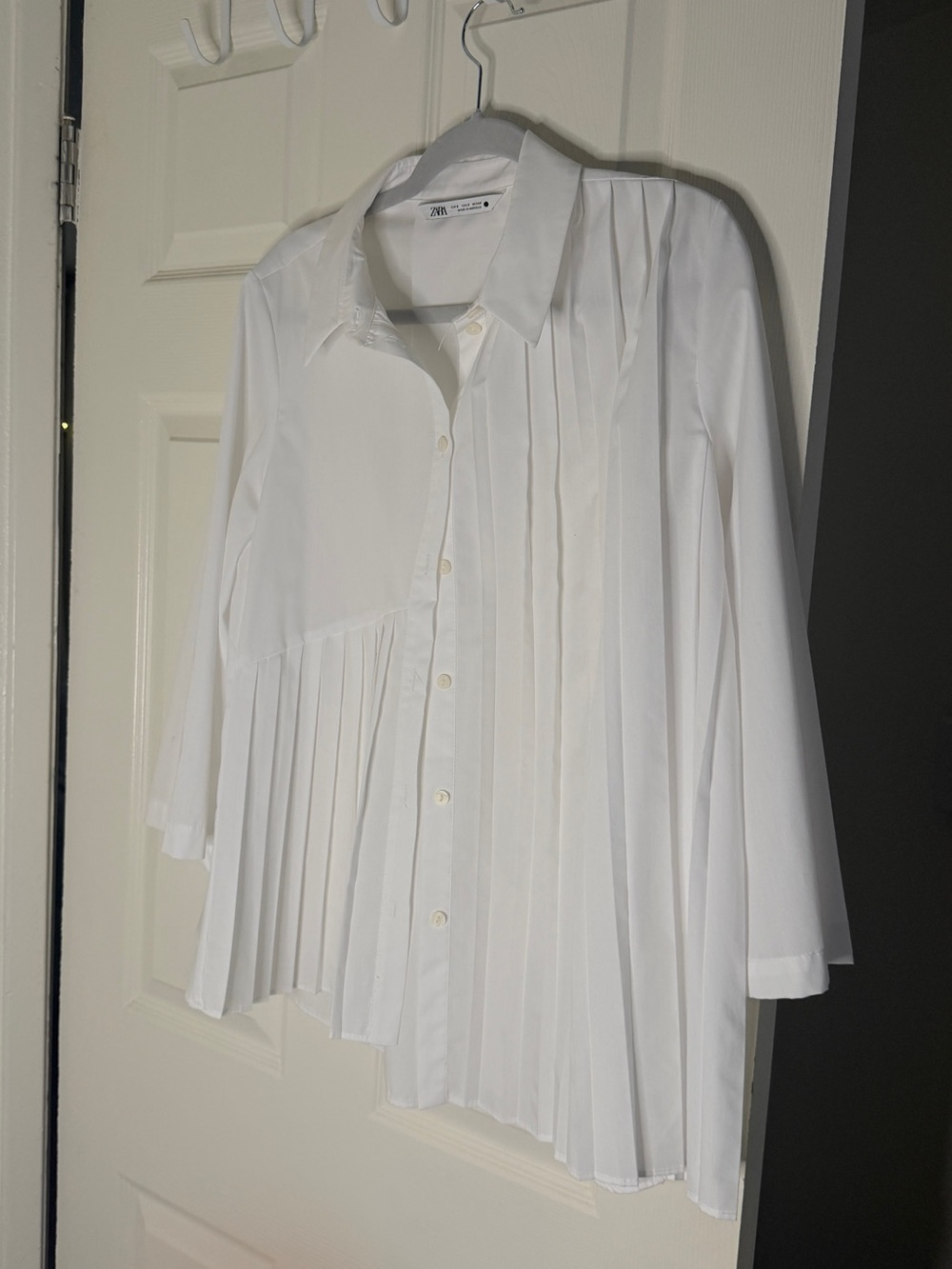 Zara White Asymmetric Pleated Button-Down Shirt